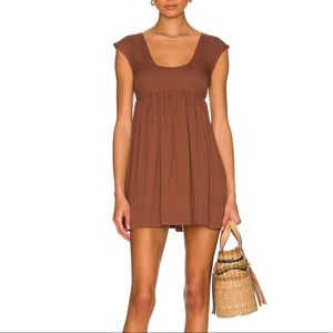 Anna Nata Brown Babydoll Mini Dress Empire Waist Cap Sleeve Pockets Scoop NEW